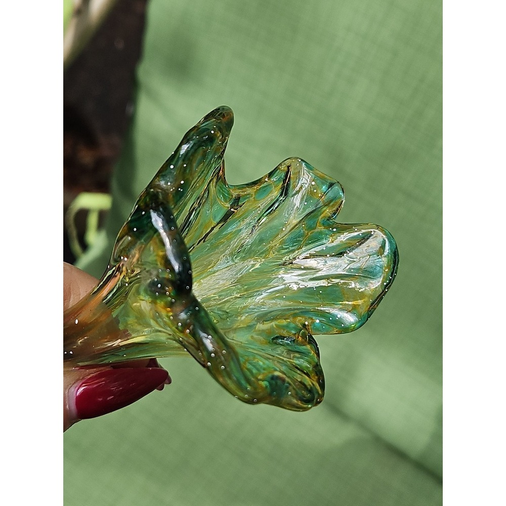 Murano Art Glass Hand Blown Flower Green Yellow Specks Fluted Freeform 8"